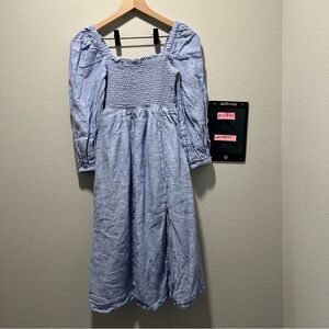 J. Crew Sky Blue Smocked Linen Puff Sleeve Dress